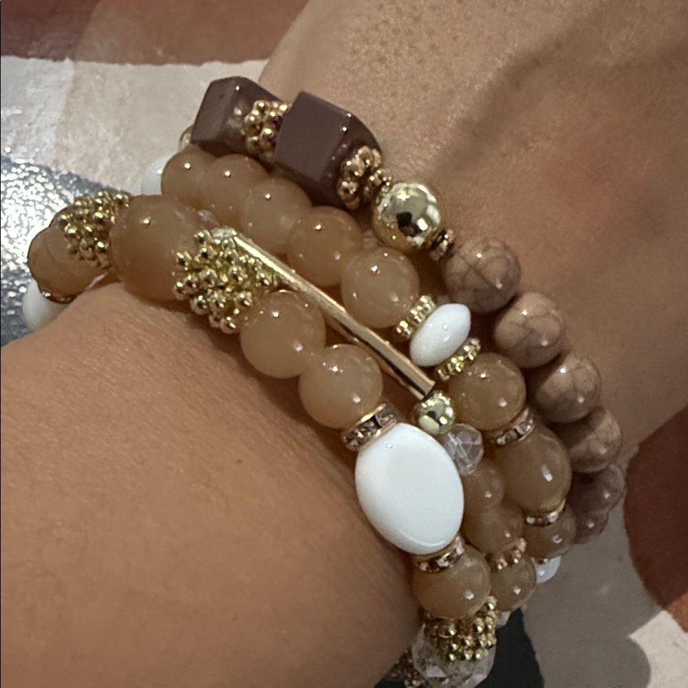 SOLD Elegant Gold and White Beaded Bracelet Set